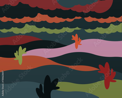 Abstract  desert Landscape in modern Constructivism Movements style. Avant-Garde Nature Background with cactus silhouettes. Surreal plot Y2K Vector aesthetic. EPS 10
