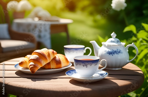Tea with croissants in summer garden at cottage. White porcelain teapot with blue ornament on round wooden table. Cozy and peaceful