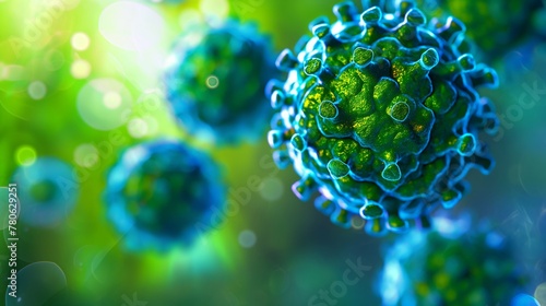 3D render of HPV infection, sexually transmitted DNA virus. Illustration of HPV virus concept, blue and green colors. photo