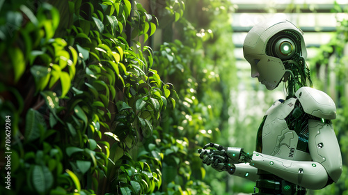 A robot is standing in a lush green garden and looking at a tablet. The robot wears a white suit and has a green face. The scene was calm and peaceful.