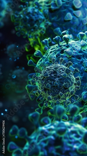 3D render of HPV infection, sexually transmitted DNA virus. Illustration of HPV virus concept, blue and green colors. © Viktoria Tom