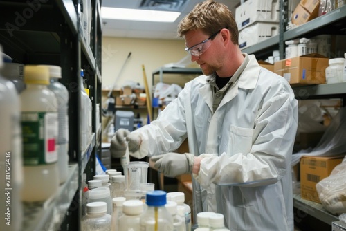 Scientist working in laboratory examining bottles and items on shelf in laboratory setting