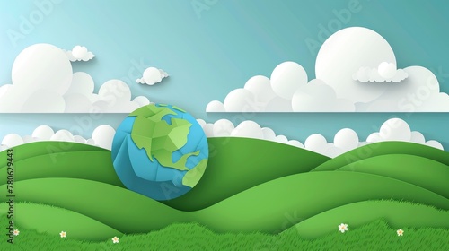 background for Earth Day with green hills, clouds and a paper cut world globe in the flat design style , 2d