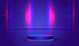 Realistic dark blue podium with glowing neon lamps and light lines in futuristic design. Display room with scene for showing products. Empty studio technology room with 3d stage vector background. 