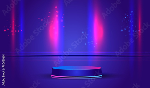 Realistic dark blue podium with glowing neon lamps and light lines in futuristic design. Display room with scene for showing products. Empty studio technology room with 3d stage vector background. 
