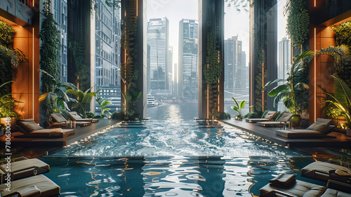 Singapore Skyline with Infinity Pool, Luxurious Urban Resort, Perfect for Vacation and City Tourism