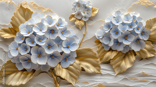 Three-dimensional oil by painting, beautiful Japanese Hydrangeas with River made from metal , white and gold, minimalist style