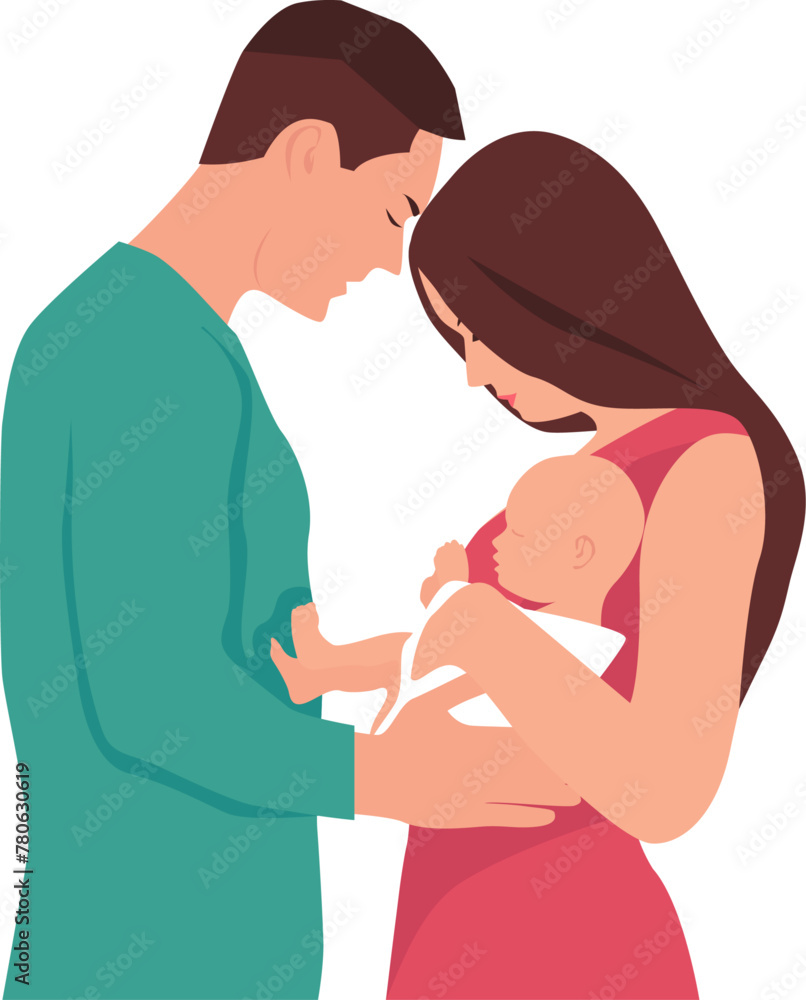 Obraz premium A man and a woman holding their newborn baby in their arms. Parents. Family. Vector illustration with transparent background