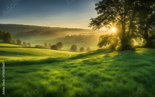 Glistening morning dew on English countryside, fresh, vibrant green fields, peaceful, early light