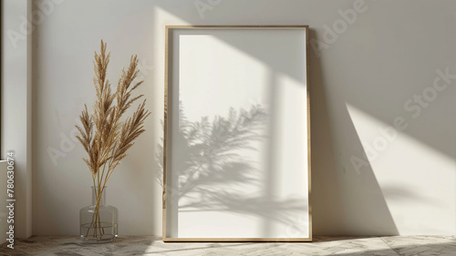 Fototapeta Naklejka Na Ścianę i Meble -  A mockup of an empty blank white poster frame laying on the floor