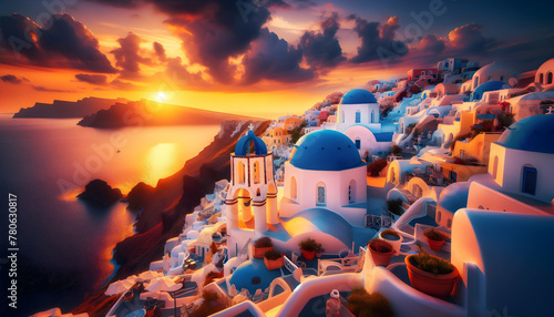 Spectacular Santorini Sunsets in Greece, Where Iconic Blue Domes Meet the Vibrant Sky - Famous Location Photography Theme