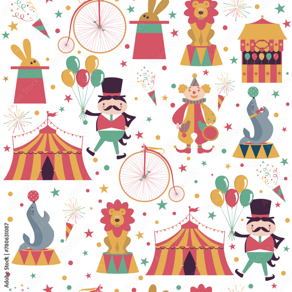 Seamless circus pattern with hat, clown, lion, tent. Seamless circus pattern with hat, clown, lion, tent.