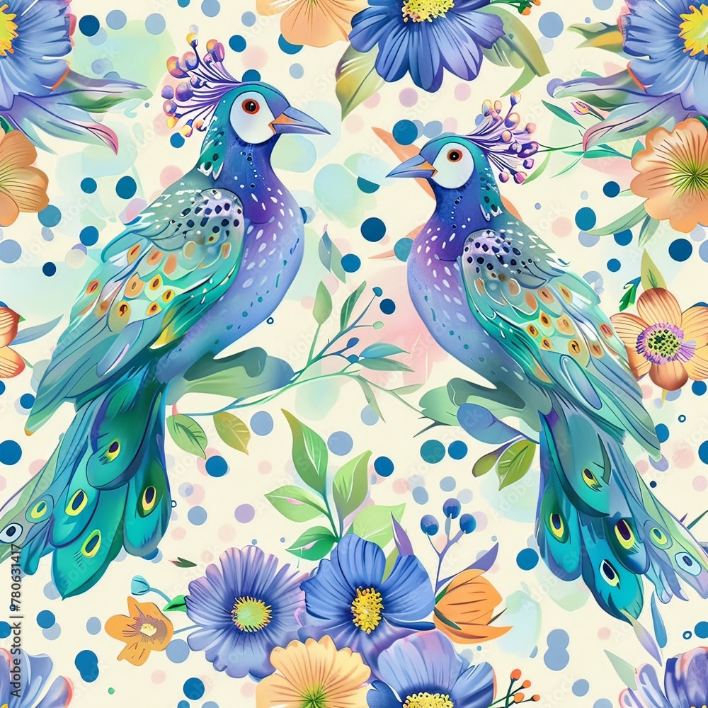 Lovely, pretty watercolor seamless pattern of peacocks and flowers, leaves. For fabric, silk, printing. 
