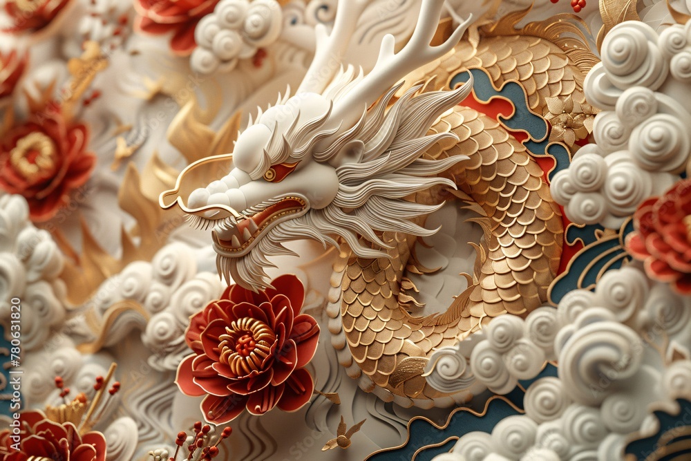A majestic white and gold dragon with shimmering scales gracefully rests on a bed of red flowers. Clouds float around the dragon in a clear blue sky. A majestic white and gold dragon with shimmering scales gracefully rests on a bed of red flowers. Clouds float around the dragon in a clear blue sky.