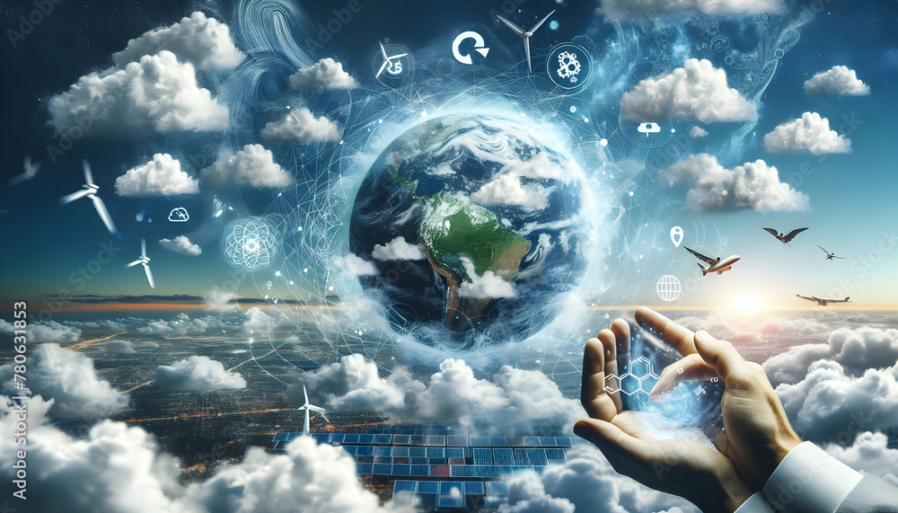 Photo real as Sustainable Cloudscape: Technology and Nature in Harmony, Cloud Computing with Zero Carbon Theme Photo real as Sustainable Cloudscape: Technology and Nature in Harmony, Cloud Computing with Zero Carbon Theme