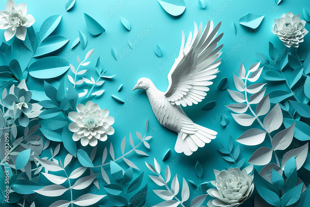 International peace day background with flying dove in blue sky International peace day background with flying dove in blue sky