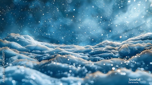 A watercolor painting embodying "Snowfall Serenade," with soft, fluid dots and splashes representing snowflakes against a moody blue background.