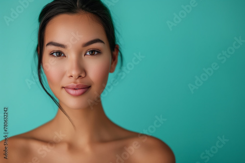 Serene young woman with natural beauty on turquoise backdrop