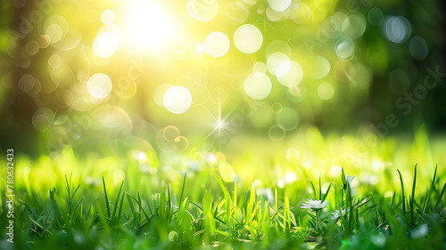 Abstract spring or summer nature background with blurred sunlight and green grass meadow.