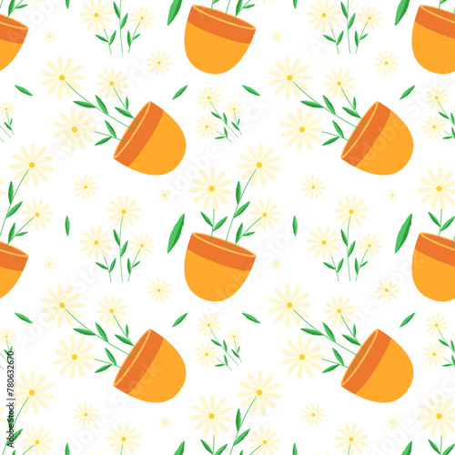 Garden tools and plants seamless pattern, flowers, flowers in a pot on a light background.