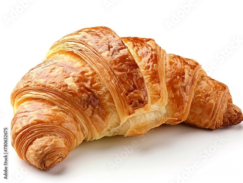 French croissant, buttery and flaky, isolated on white background, Parisian breakfast staple. photo