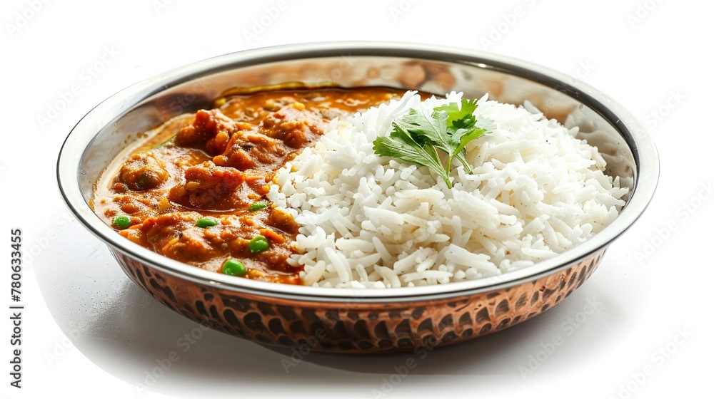 Indian curry dish, vibrant and spicy, served with rice, isolated on white, half curry half rice. Indian curry dish, vibrant and spicy, served with rice, isolated on white, half curry half rice.