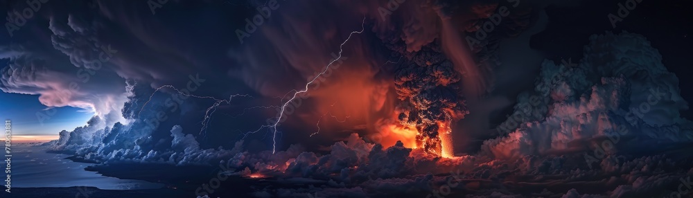 Volcano's wrath, burning lava meets lightning, dense clouds, night, high contrast, thrilling, digital photography Volcano's wrath, burning lava meets lightning, dense clouds, night, high contrast, thrilling, digital photography
