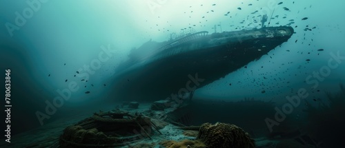 Shipwreck undersea near a schools of fish investigate photo