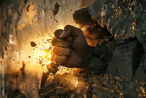 Unstoppable fist through crumbling wall dust swirls photo