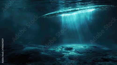 UFO exploring deep ocean bioluminescent fish trail