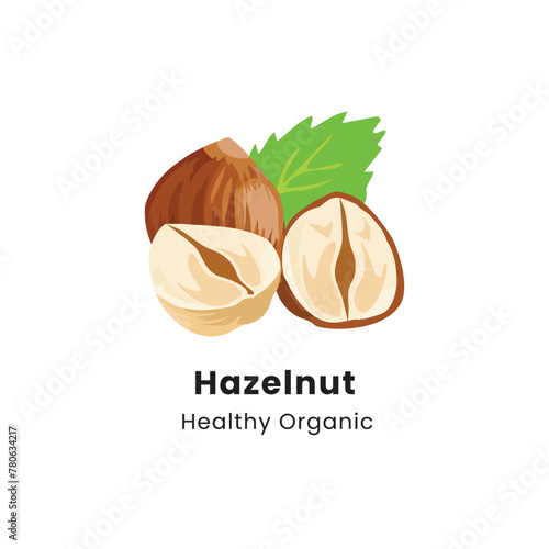 Vector illustration of whole and half brown hazelnut on white background