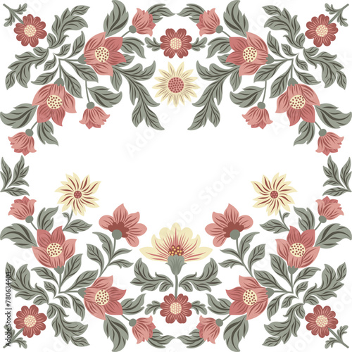 Postcard or poster made from folk art elements. Folk vector illustration, floral frame on white background. Hand drawn folk flowers. Traditional motif