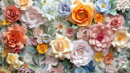 Artistic Paper Flowers and Leaves in Full Bloom Background