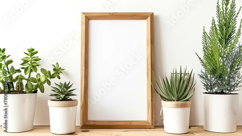 A mockup of an empty brown frame on the table and different plants in pots © sema_srinouljan