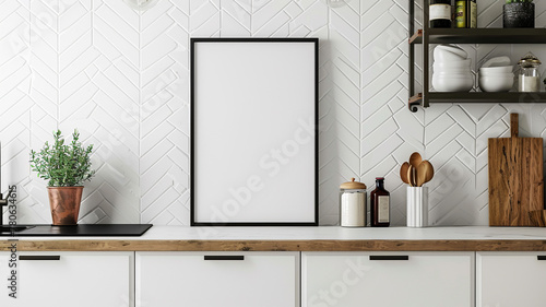 Fototapeta Naklejka Na Ścianę i Meble -  modern farmhouse kitchen with white wall with blank poster frame on the counter