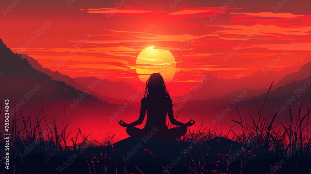 Sunrise, a meditating woman sitting on the lotus pose, in the style of beautiful colors. Sunrise, a meditating woman sitting on the lotus pose, in the style of beautiful colors.