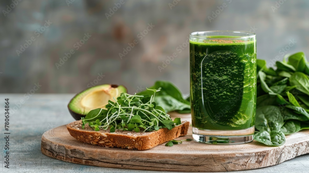 Toast with avocado and microgreens, glass with smoothie, healthy breakfast or snack, vegan nutrition, AI generated Toast with avocado and microgreens, glass with smoothie, healthy breakfast or snack, vegan nutrition, AI generated