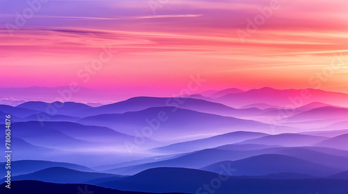 a minimalist landscape capturing the serene beauty of rolling mountains under a sunrise , light orange purple sky, contrasted with a dynamic