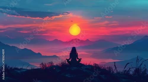 Sunrise, a meditating woman sitting on the lotus pose, in the style of beautiful colors. photo