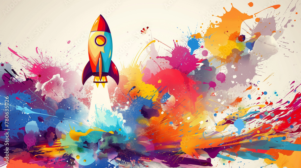 Colorful Abstract Rocket Launch with Dynamic Paint Splashes
