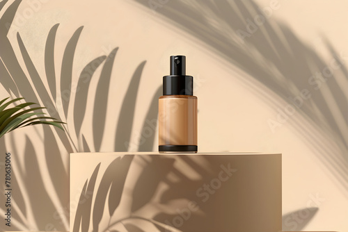 Bottle of foundation on a pedestal against a background of a gray wall and the sun. Banner concept template for advertising cosmetics and body and face care.  Mok up with copyspace photo