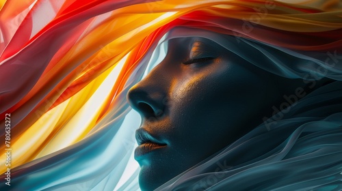 Woman face facing the camera of colorful abstract image of colorful abstract liquids with copy space. © Cheetose