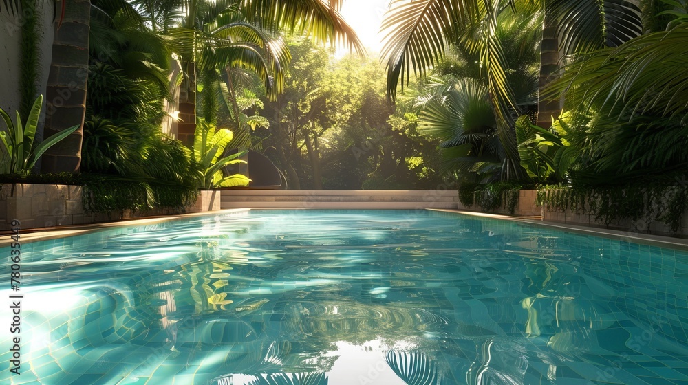 A pool with a green forest in the background