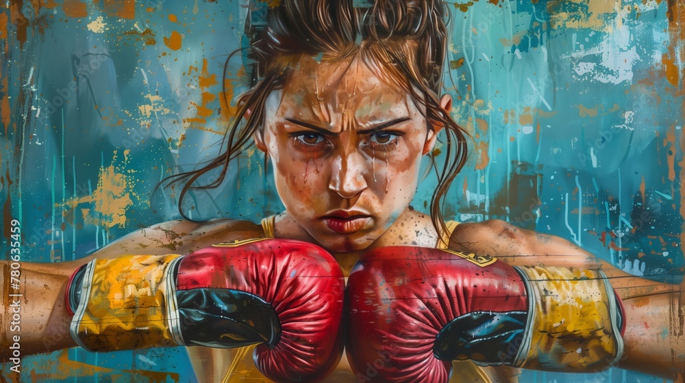 Close-up illustration of a confident, aggressive female boxer's face. Poster or advertisement design. - obrazy, fototapety, plakaty 