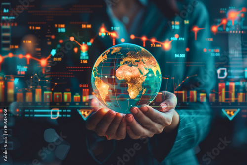 Close-up of a businesswoman's hands holding a glowing globe, symbolizing global business strategies and sustainability, with charts and graphs projected in the background © nut