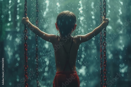A captivating image of a young child joyfully playing in the rain, holding onto a red swing with water droplets surrounding photo