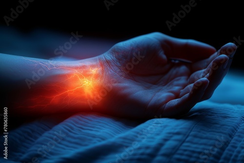 Digital illustration of a human hand with lightning bolt patterns representing intense pain