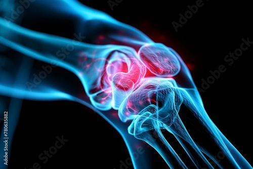 This image depicts a human knee joint with glowing X-ray details highlighting areas of pain © Larisa AI
