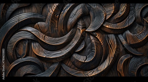 Abstract carving wooden background with organic whimsical shapes, African folk geometric motifs, natural eco colors and textures, lines, waves, holes on the wood surface, AI generated