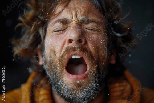 A man screaming with ice crystals forming around his beard and face photo